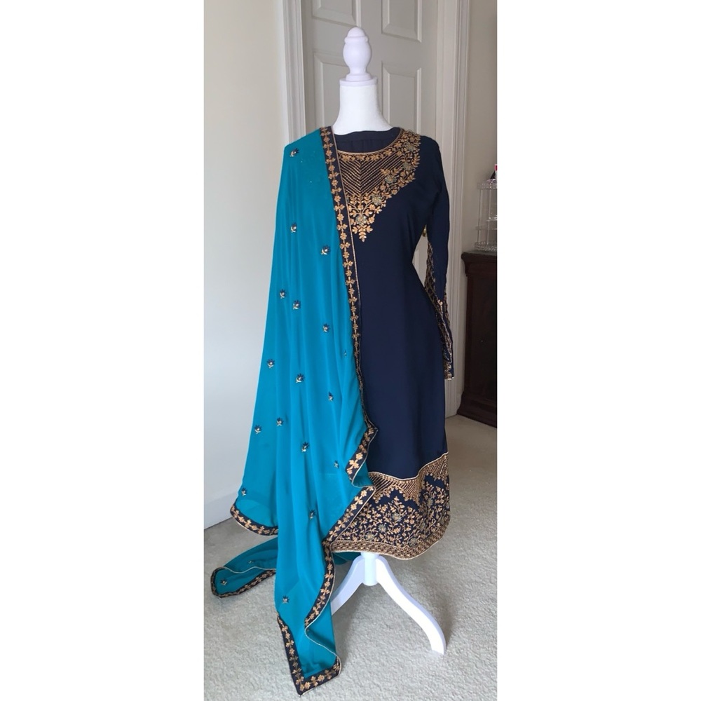Navy and Teal Embroidered Shalwar Kameez
